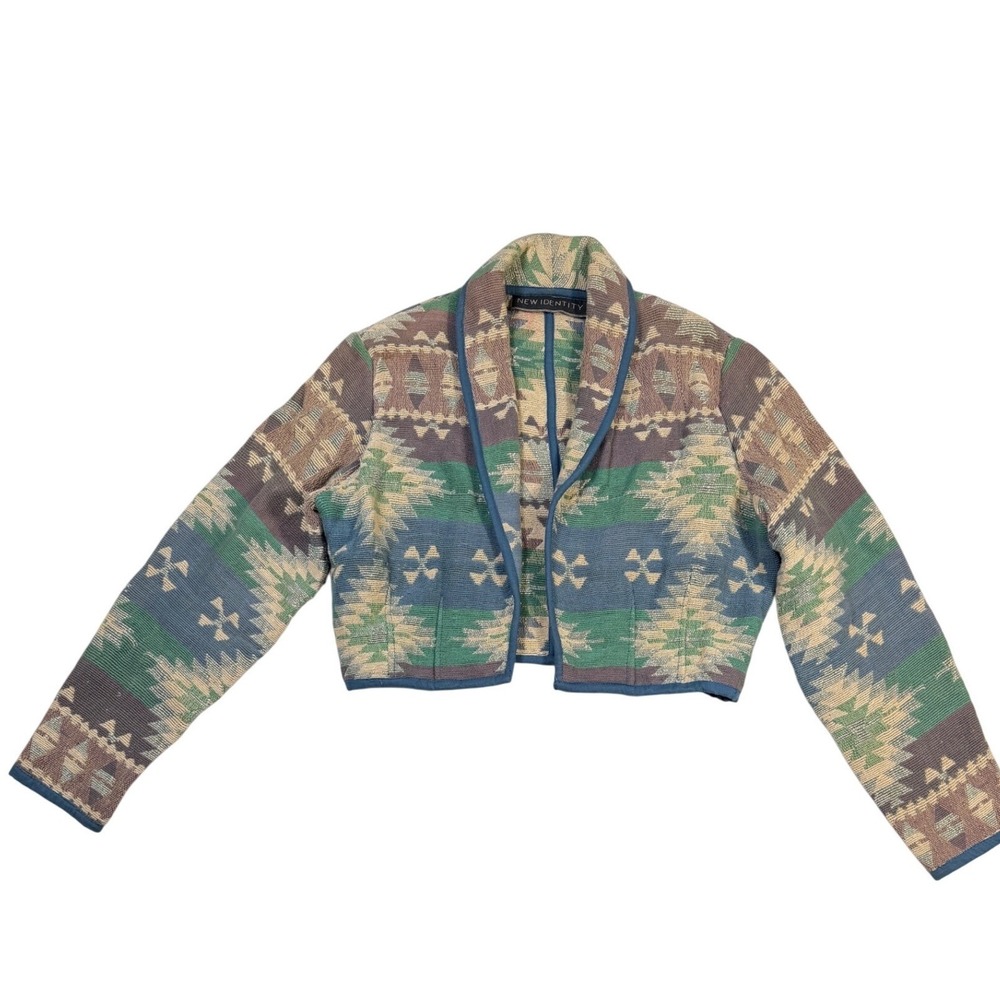 New Identity Womens Southwestern Tapestry Cropped Jacket Blue Green Cotton S - Picture 2 of 11